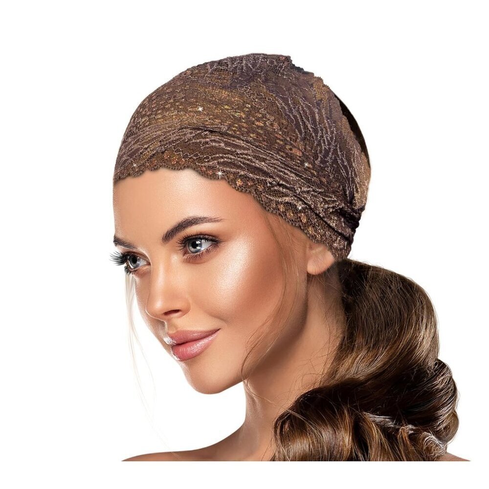 Women's Taupe Gold Lace Hair Band Stretch Vintage Sparkly Bridal Accessory